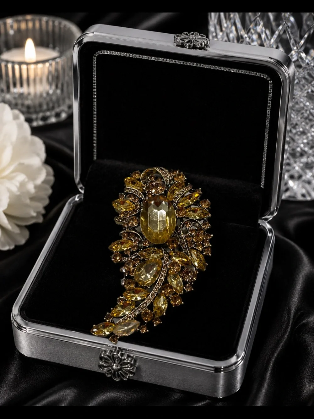 Gold-Tone Citrine Crystal Leaf Brooch - Elegant Women’s Jewelry NWOT